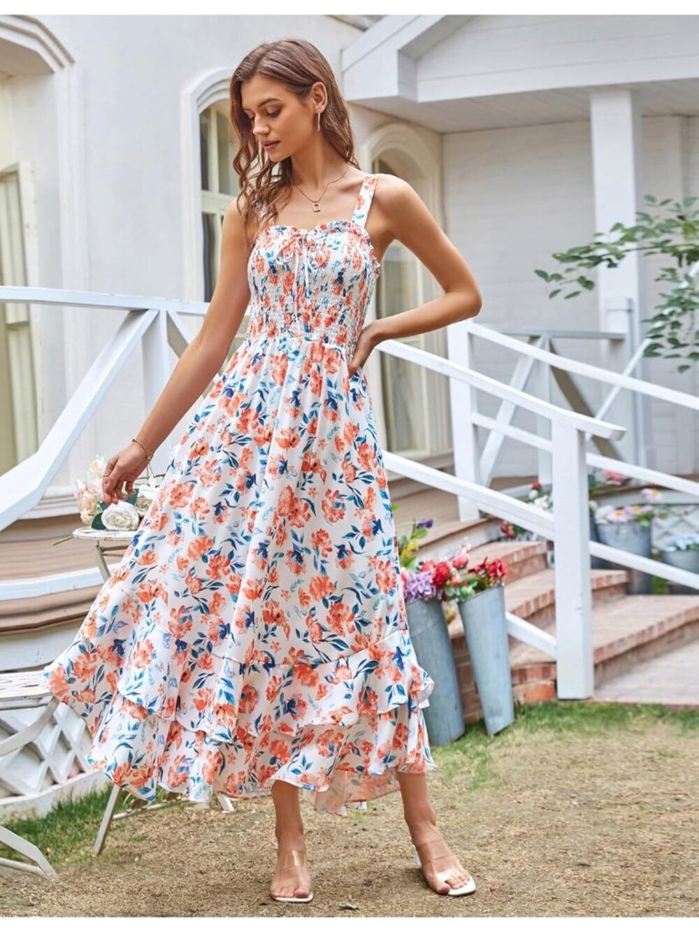 〽️Women's Orange Floral Square Neck Strapped A LINE Boho Floral  Long Maxi Dress